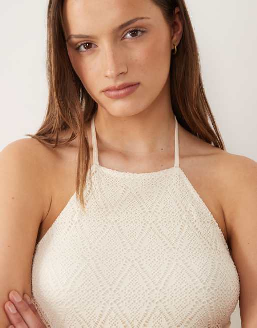 Vero Moda Tall - Vestido largo color crema con cuello halter de encaje elástico, 3 de 4