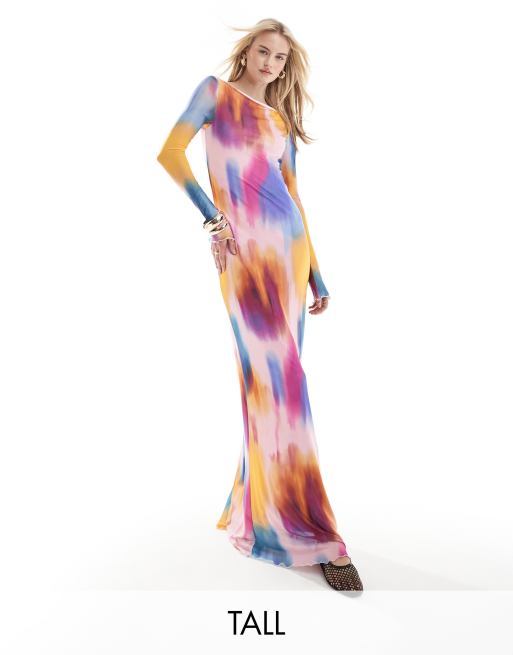 Vero Moda Tall - Vestito a maniche lunghe in rete con stampa multicolore sfocata