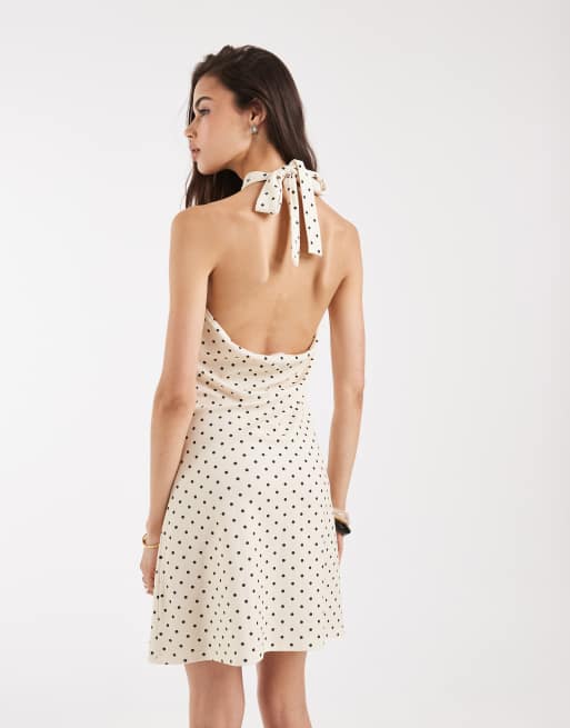 Vero Moda Tall - Vestito corto allacciato al collo color panna e nero a pois, 3 di 4