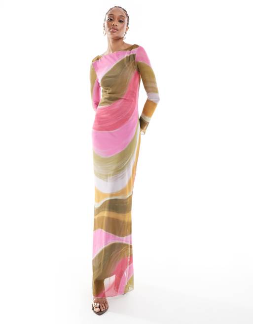 Vero Moda Tall - Vestito lungo a maniche lunghe in rete con stampa multicolore effetto dipinto