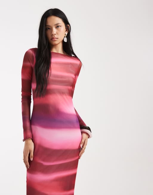 Vero Moda Tall - Vestito lungo a maniche lunghe in rete rosa con stampa astratta, 2 di 4