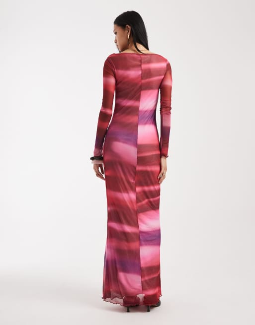 Vero Moda Tall - Vestito lungo a maniche lunghe in rete rosa con stampa astratta, 4 di 4