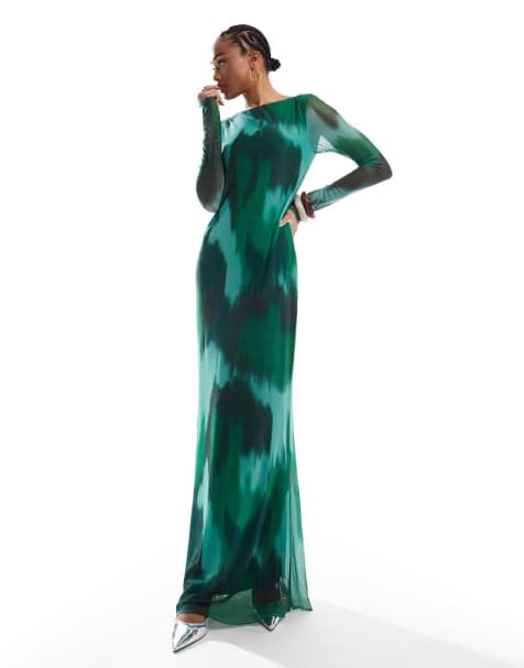 Vero Moda Tall - Vestito lungo a maniche lunghe in rete verde scuro con design astratto - view 1