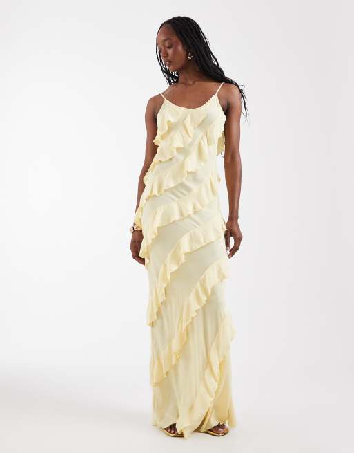 Vero Moda Tall - Vestito lungo con spalline sottili e volant giallo pallido con taglio sbieco