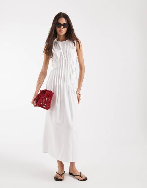 Vero Moda Tall – Vit, ärmlös midiklänning i poplin med plisserad midja - view 1