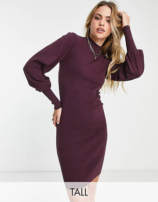 Vero Moda Tall volume sleeve mini jumper dress in wine | ASOS