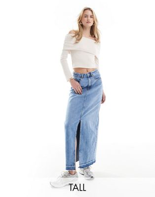 Vero Moda Tall Washed Midi Skirt In Medium Blue Denim