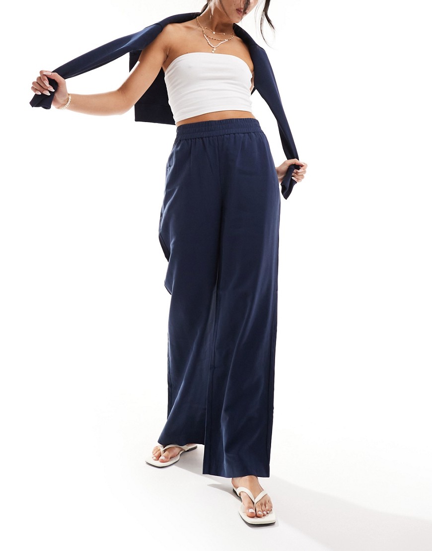 Vero Moda Tall Wide Leg Pull On Pants With Elastic Waist In Navy