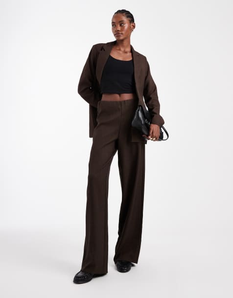 Vero Moda Tall wide leg tweed look tailored pants in chocolate - part of a set - view 1