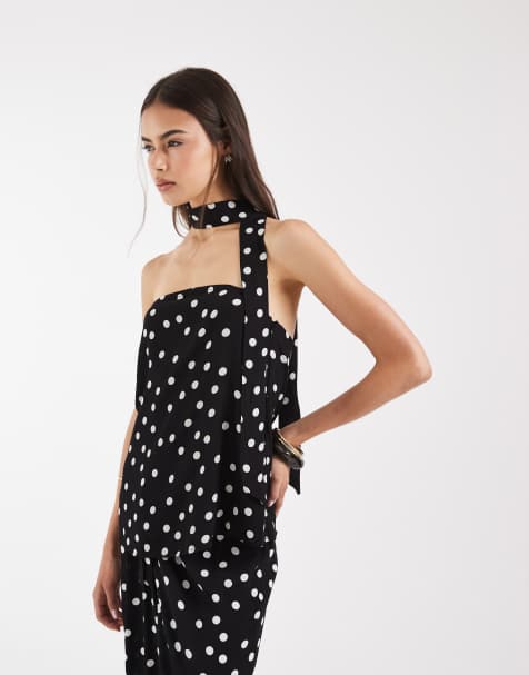 Vero Moda Tall woven bandeau top with scarf detail in black and white polka dot (part of a set) - view 1