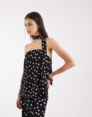 Vero Moda Tall woven bandeau top with scarf detail in black and white polka dots
