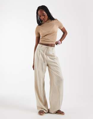 Vero Moda Tall Woven Pleat Front Tailored Pants With Tie Waist In Neutral