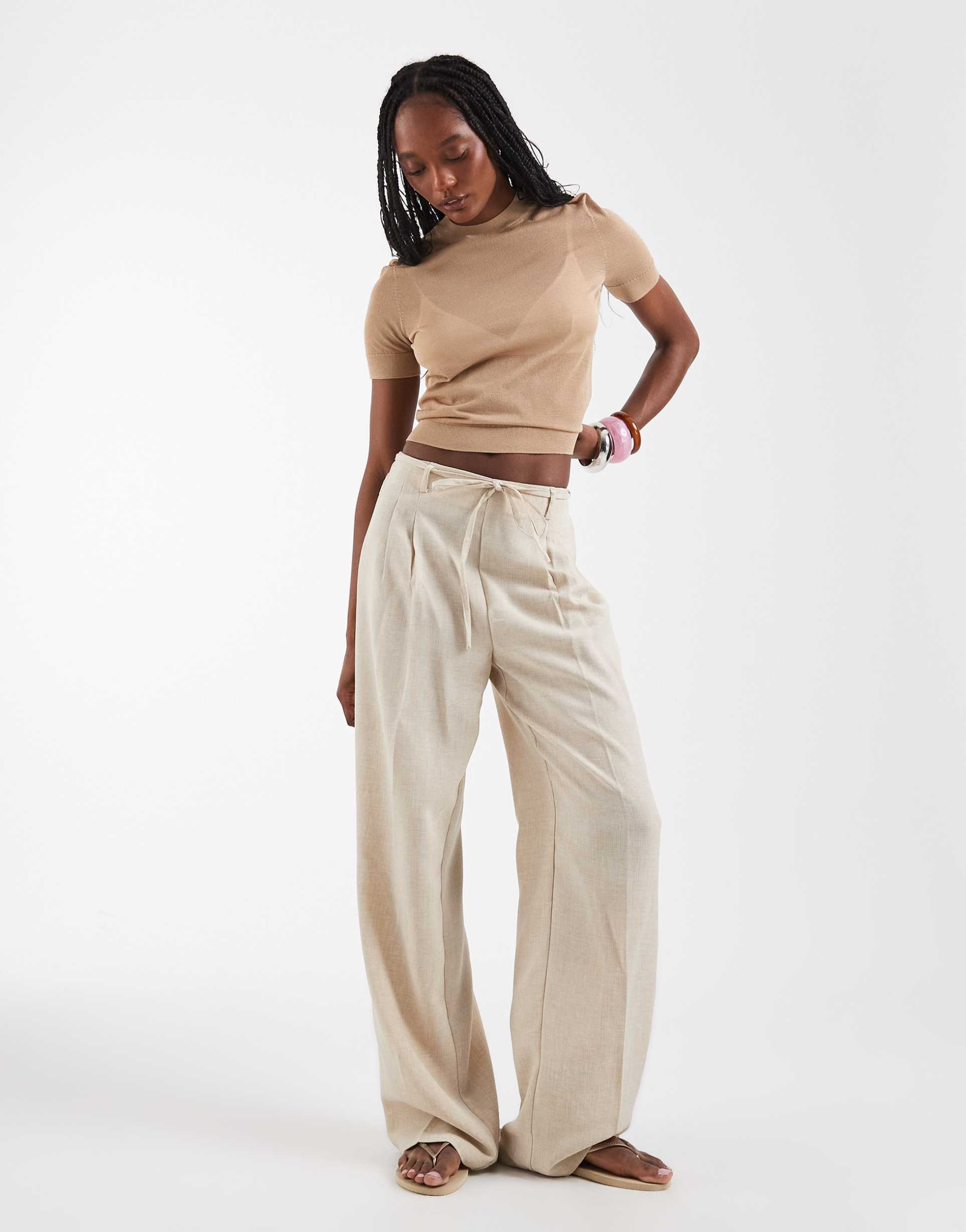 vero moda tall woven pleat front tailored pants with tie waist in stone