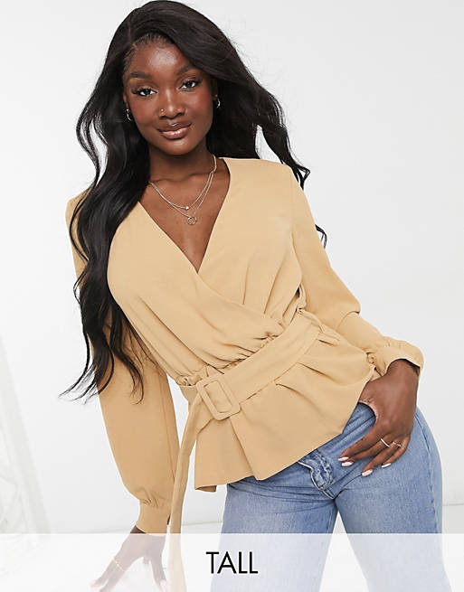 Vero Moda Tall wrap blouse with belted waist in tan