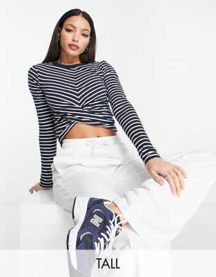 Vero Moda Tall Wrap Front Crop Top In Navy Stripe In Neutral