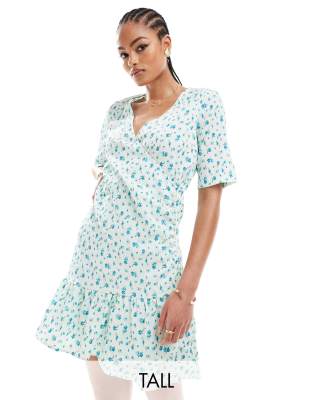 wrap front mini dress in light blue floral-Green