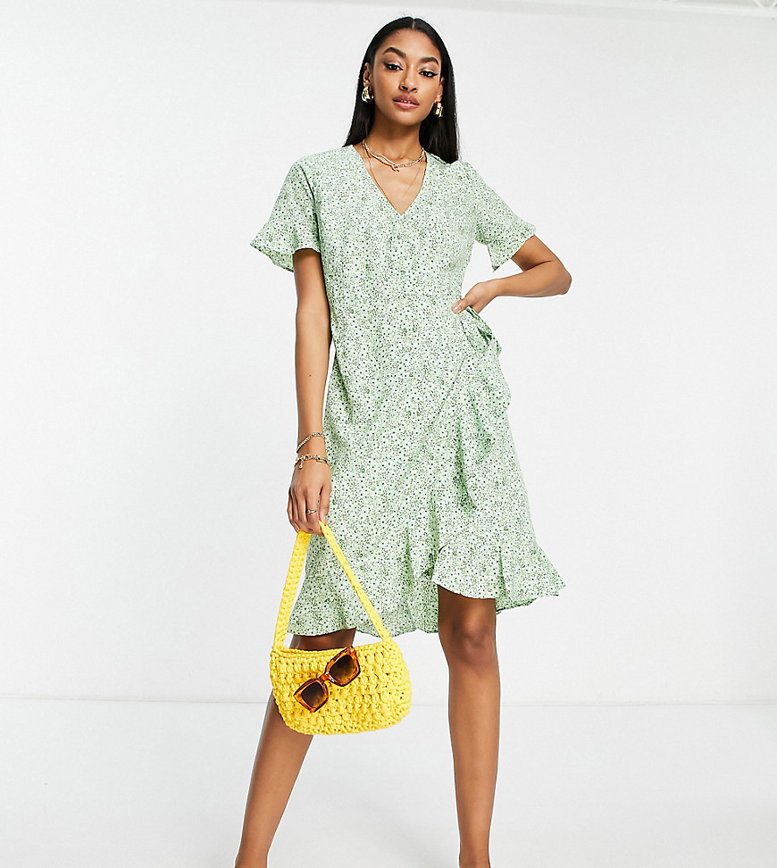Vero Moda Tall wrap front mini tea dress in green floral