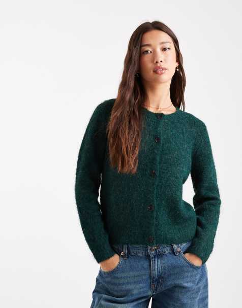Vero Moda – Tallgrön, mjuk, fluffigt stickad kofta med rund halsringning - view 1