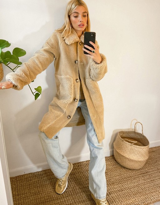 Vero Moda teddy coat with faux fur trims in beige