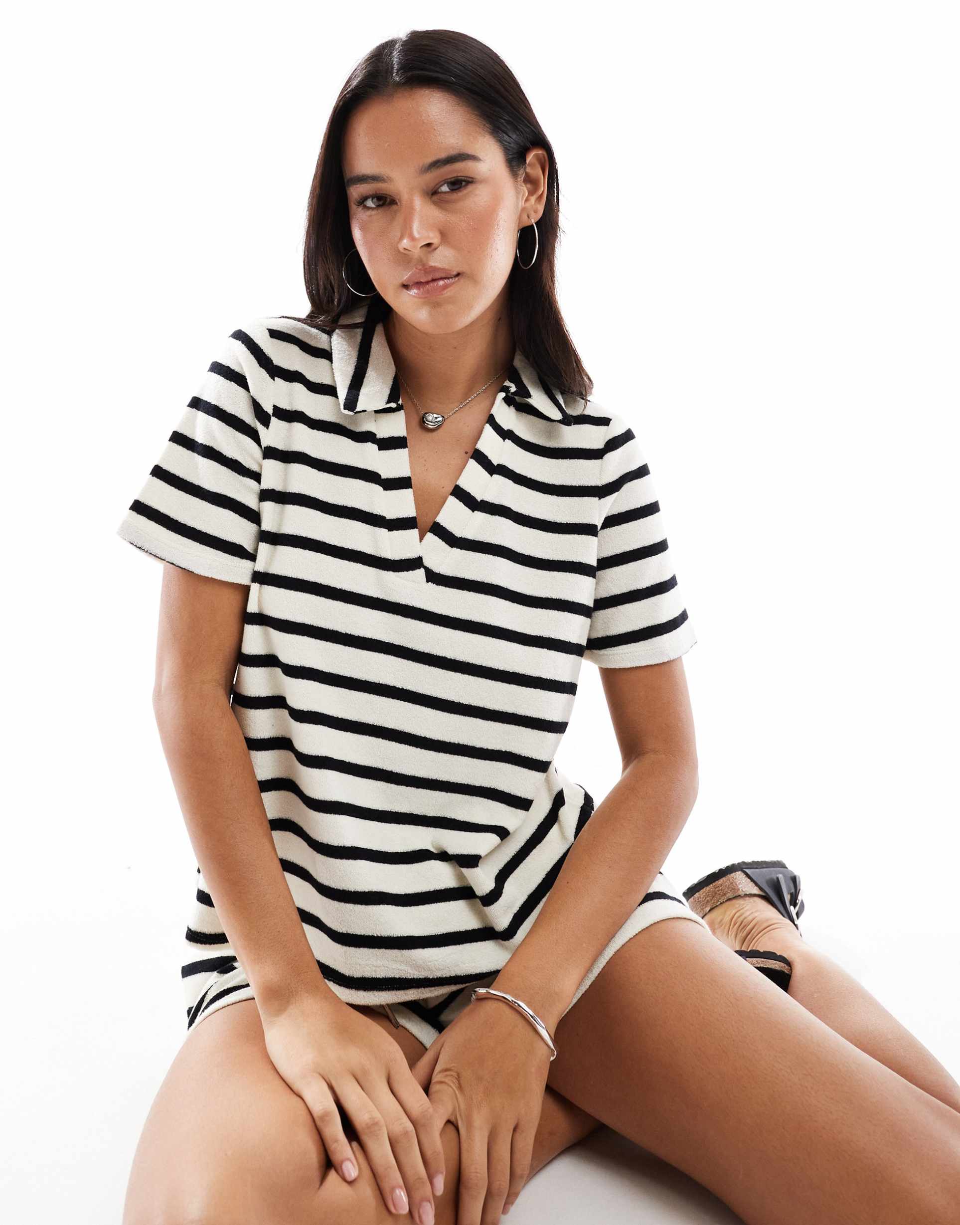 vero moda terrycloth polo t-shirt in black and white stripes - part of a set
