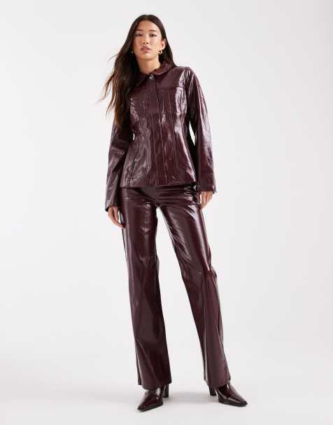 Vero Moda Tessa high waist wide leg vinyl trouser co-ord in burgundy