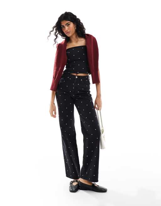 Vero Moda – Tessa – Czarne jeansy z szerokimi nogawkami w haftowany wzór w groszki, część zestawu