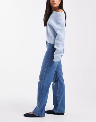 Vero Moda Tessa High Rise Wide Leg Jeans With Distressed Knees In Blue