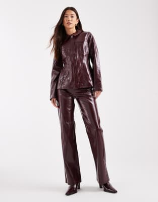 Vero Moda Vero Moda Tessa high waist wide leg vinyl trouser co-ord in burgundy-Red