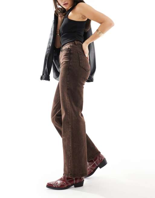 Vero Moda Tessa high waisted wide leg jeans in brown acid wash