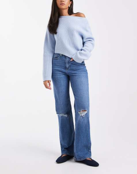 Vero Moda Tessa high waisted wide leg jeans with distressed knees in medium blue wash - view 1