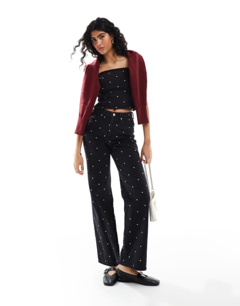 Vero Moda - Tessa - Jeans a fondo ampio neri con pois ricamati in coordinato - view 1