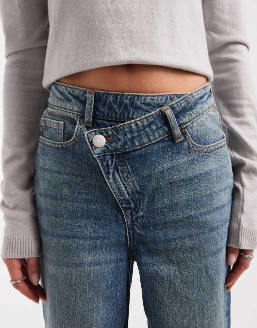 Vero Moda - Tessa - Jeans med asymmetrisk talje og brede ben i vasket mellemblåt denim, 4 af 5