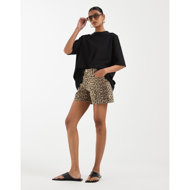 Vero Moda Tessa mid rise loose fit denim shorts in natural leopard