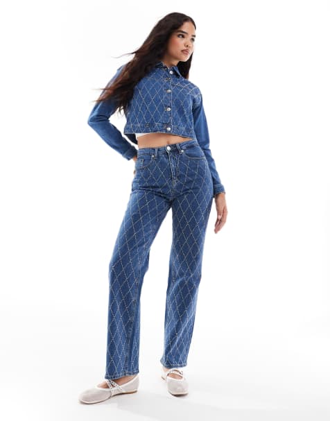 Vero Moda Tessa rhinestone jeans co-ord in medium blue - view 1