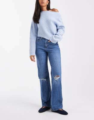 Vero Moda - Tessa - Weit geschnittene Jeans mit hohem Bund, Waschung in Mittelblau mit Used-Optik an den Knien