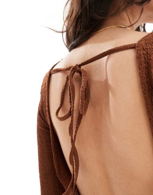 Vero Moda textured bell sleeve mini dress in chocolate, 3 of 4