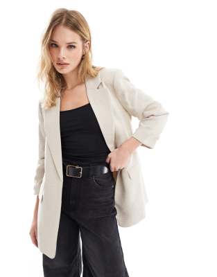 Vero Moda Textured Blazer With Ruched Sleeve In Neutral