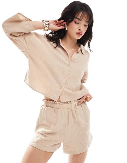 Vero Moda textured cropped shirt in beige - part of a set