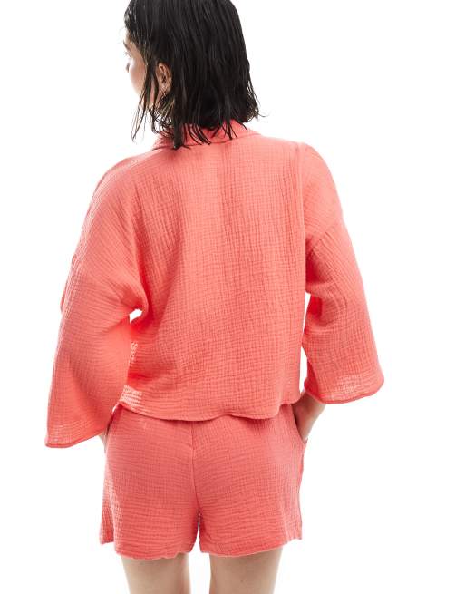 Vero Moda textured cropped shirt in coral red (part of a set), 3 of 4