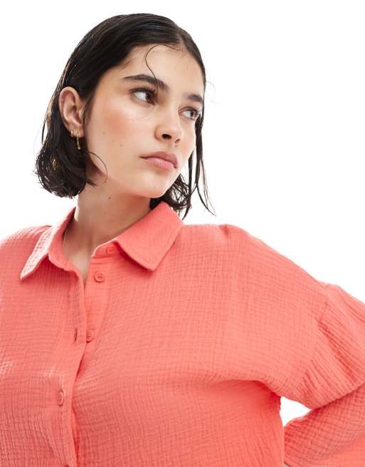 Vero Moda textured cropped shirt in coral red (part of a set), 4 of 4