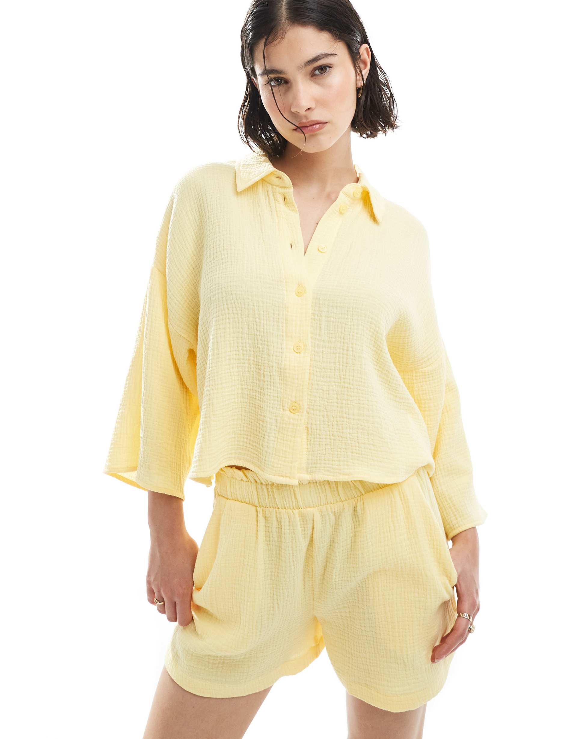 vero moda textured cropped shirt in pale yellow - part of a set