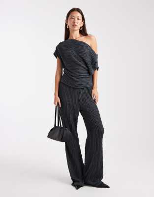 Vero Moda textured jersey off shoulder drapey top and wide leg trouser set in asphalt grey | ASOS