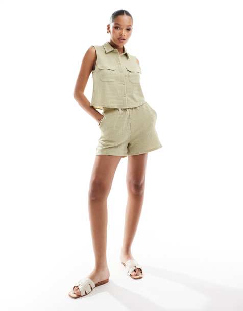 Vero Moda textured jersey shorts co-ord in sage green