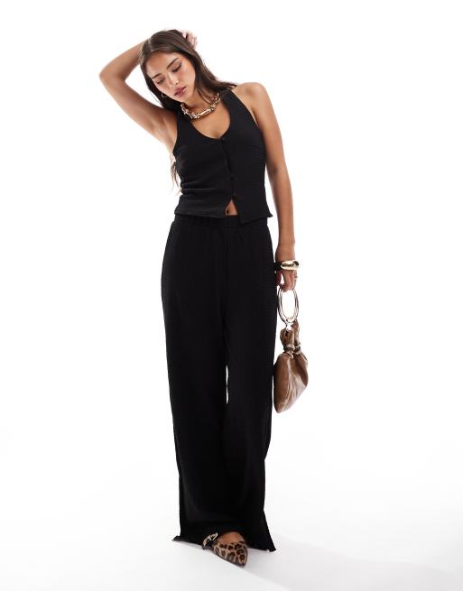 Vero Moda textured jersey split leg pants and and halter top set in black