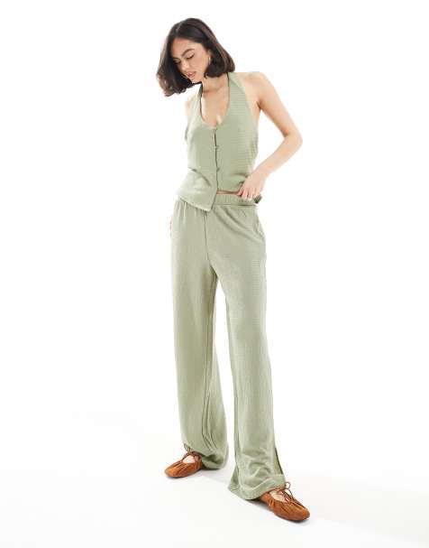 Vero Moda textured jersey split leg trouser co-ord in tea green - view 1