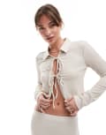 [Vero Moda] Vero Moda textured jersey tie front long sleeve top in beige (part of a set)-Neutral S Stone