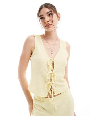 textured jersey tie-front top in pale lemon - part of a set-Yellow