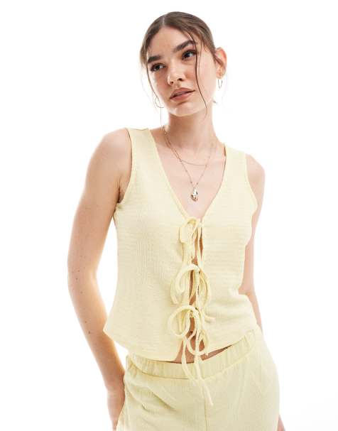Vero Moda textured jersey tie-front top in pale lemon (part of a set) - view 1