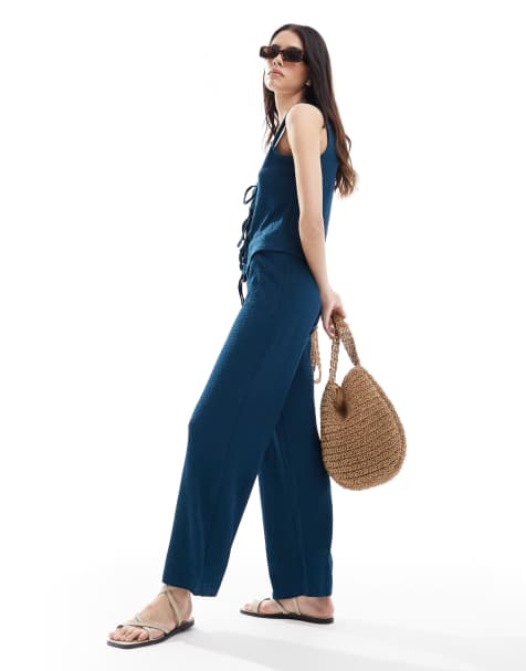 Vero Moda textured jersey trouser co-ord in navy - view 1