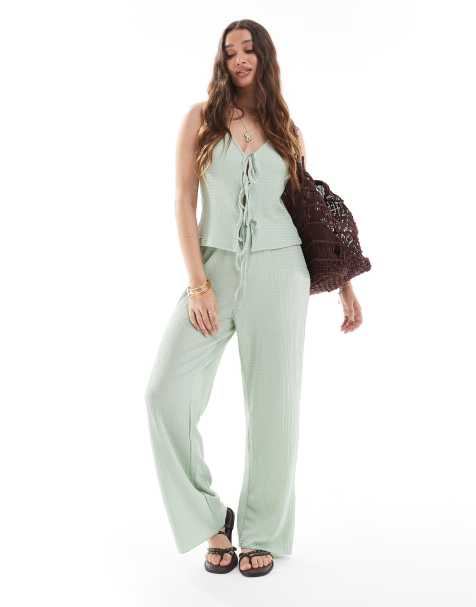 Vero Moda textured jersey trouser co-ord in silt green - view 1